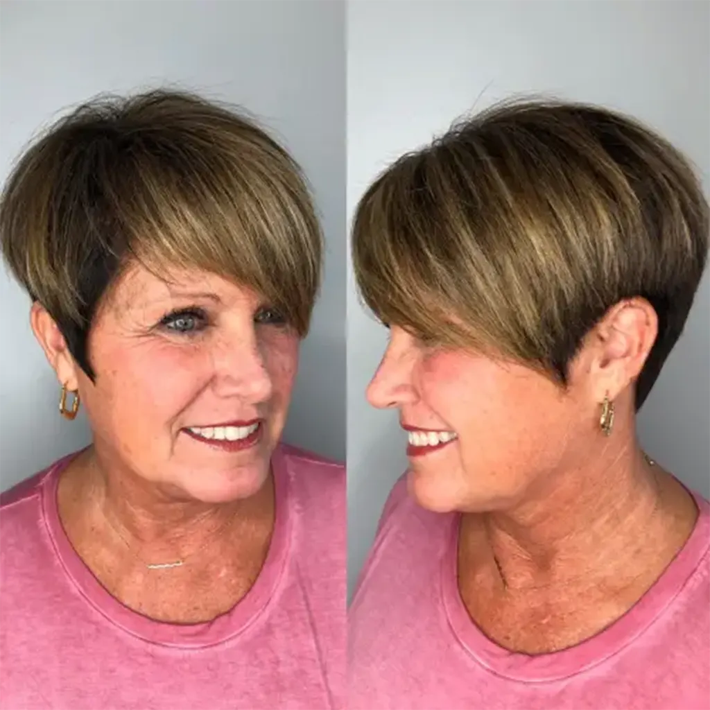Bob + Pixie (Bixie) con Flequillo Lateral Idea elegante y contemporánea para el pelo corto para mujeres de más de 50 y 60 años