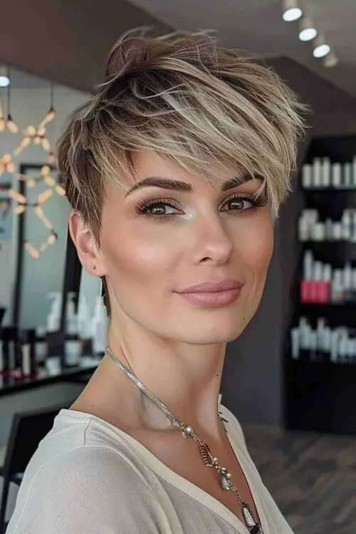 Ideia de Corte Para Rosto Quadrado: Pixie Texturizado com Franja Longa e Lateral Ideia de Corte Para Rosto Quadrado: Pixie Texturizado com Franja Longa e Lateral
