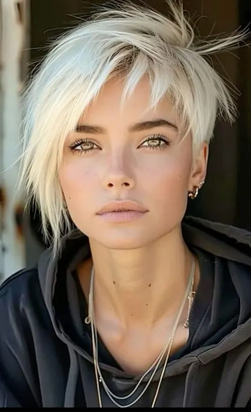 Exclusivos Cortes Long Pixie: Pixie Loiro Platinado com Camadas Irregulares Exclusivos Cortes Long Pixie: Pixie Loiro Platinado com Camadas Irregulares