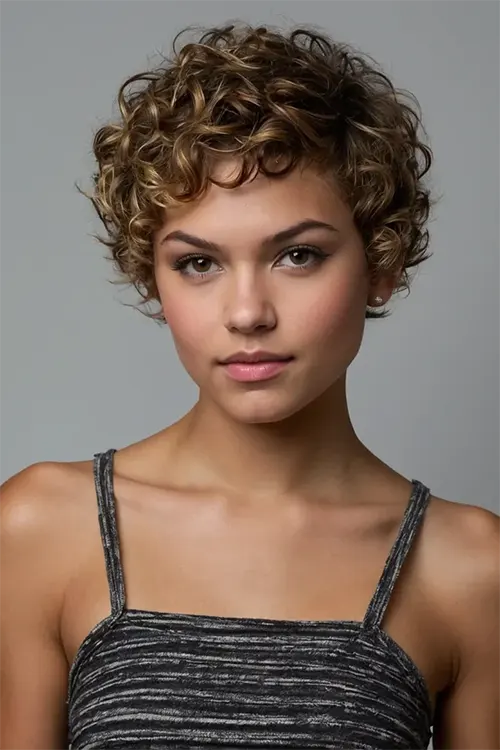 Estilo de Corte de Cabelo Cacheado Curto: Pixie Cacheado com Mechas Estilo de Corte de Cabelo Cacheado Curto: Pixie Cacheado com Mechas