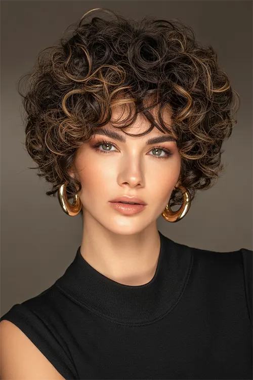 Maravilhoso Corte Pixie Para Cabelo Encaracolado: Tousled Brunette Pixie com Luzes