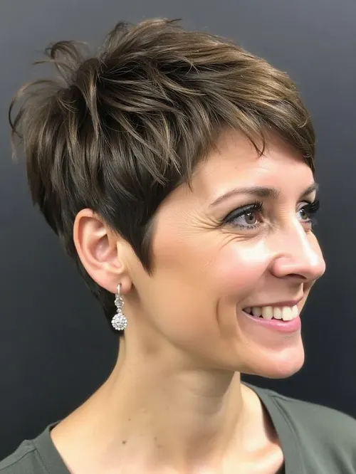 Foto de Corte Curto Para Cabelo Castanho: Pixie Shaggy Para Cabelos Finos: Macio e em Camadas