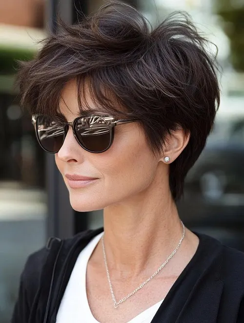 Foto de Corte Curto Para Cabelo Castanho: Edge Pixie Shaggy Ousado com Camadas Desgrenhadas