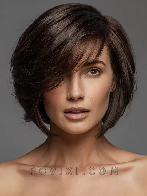 Foto de Corte Curto Para Cabelo Castanho: Bob em Camadas com Franja Lateral