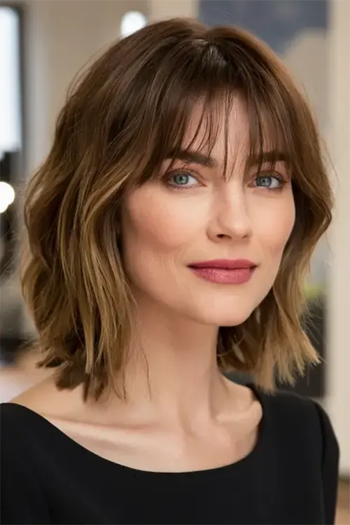 Sofisticada Franja Cortina em Cabelo Ondulado: Short Bob Elegante e Clássico