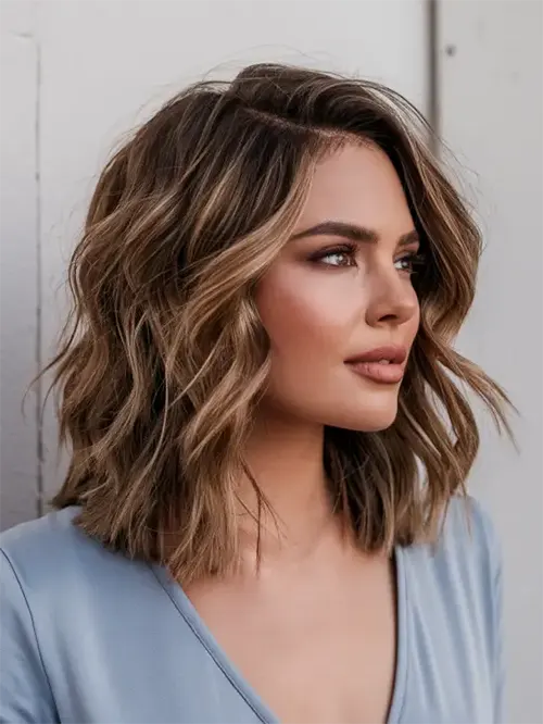 Sofisticada Franja Cortina em Cabelo Ondulado: Ondas Sutis com Cabelo Repartido na Lateral