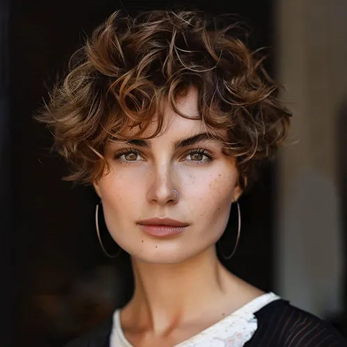 Ideia de Cabelo Curto Elegante e Contemporâneo Para Mulher com 50 anos ou mais: Bob Cacheado com Franja Ideia de Cabelo Curto Elegante e Contemporâneo Para Mulher com 50 anos ou mais: Bob Cacheado com Franja