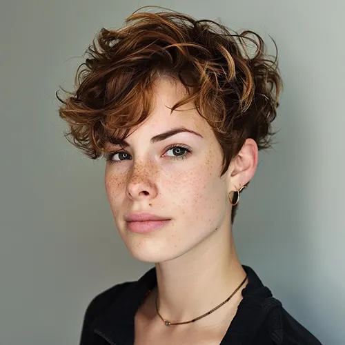 Ideia de Cabelo Curto Elegante e Contemporâneo Para Mulher com 50 anos ou mais: Pixie Cacheado Despojado Ideia de Cabelo Curto Elegante e Contemporâneo Para Mulher com 50 anos ou mais: Pixie Cacheado Despojado