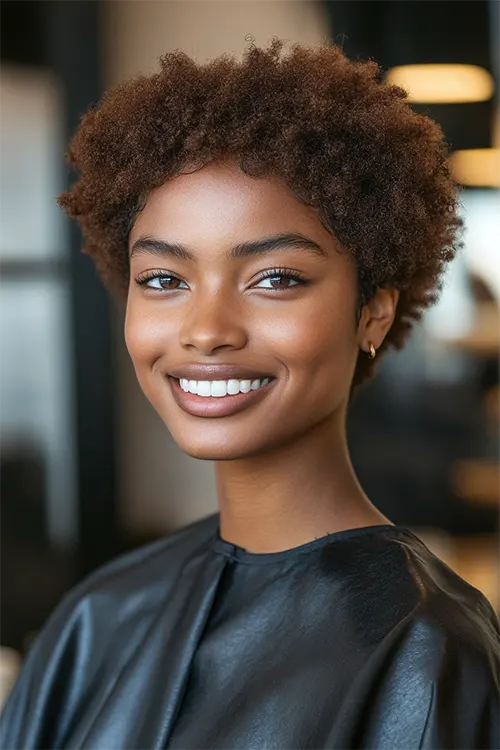 Corte de Cabelo Curto Crespo: Pixie afro em camadas em castanho-avermelhado Corte de Cabelo Curto Crespo: Pixie afro em camadas em castanho-avermelhado