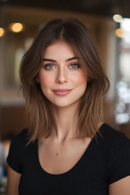 Long Bob Centralizado com Pontas Viradas Corte de Cabelo Médio Feminino Para Rosto Oval Inverno 2025