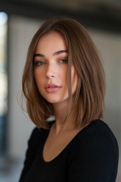 Long Bob Reto e Eelegante Com Divisão Central Corte de Cabelo Médio Feminino Para Rosto Oval Inverno 2025
