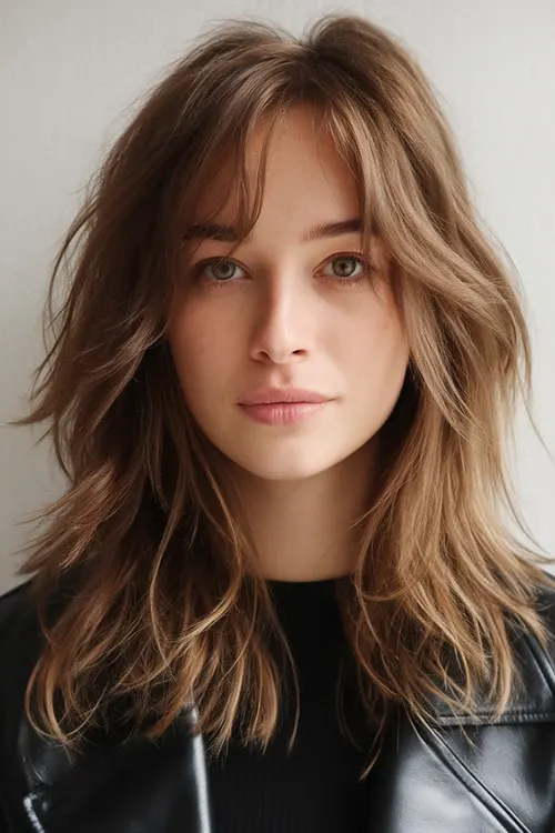 Corte em Camadas com Franja de Cortininha Corte de Cabelo Médio Feminino Para Rosto Oval Inverno 2025