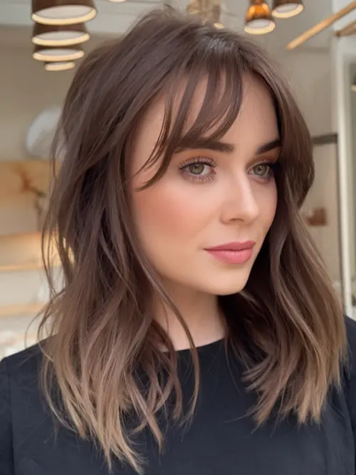 Ondas em Camadas Suaves com Franja Fina Corte de Cabelo Médio Feminino Para Rosto Oval Inverno 2025