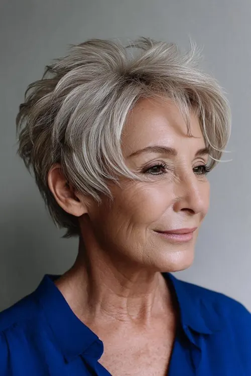 Vibrações Chiques do Pixie com Camadas Corte de Cabelo Repicado Curto Para Mulheres 50+