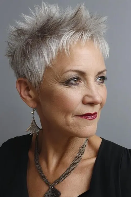 Confiança Pixie Prateada Moderna Corte de Cabelo Repicado Curto Para Mulheres 50+