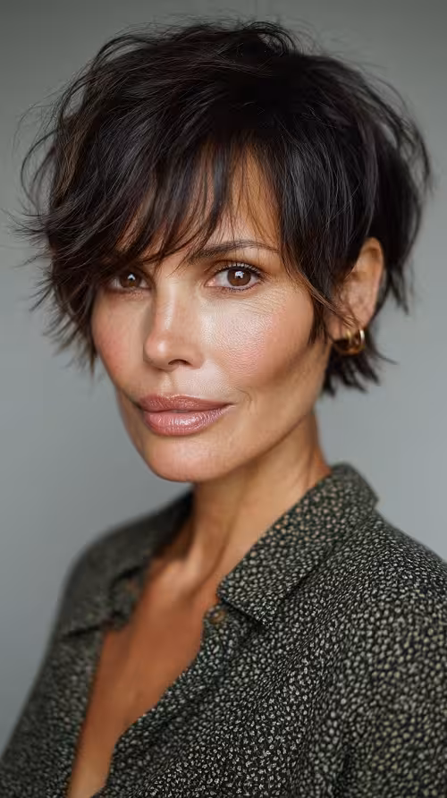 Corte Pixie Wolf Modernos Para Usar em 2026: Pixie Castanho Elegante com Franja Suave