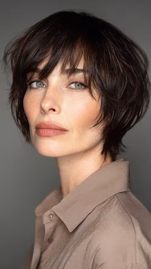 Corte Pixie Wolf Modernos Para Usar em 2026: Wolf Cut Café Expresso Despojado com Franja Expressiva