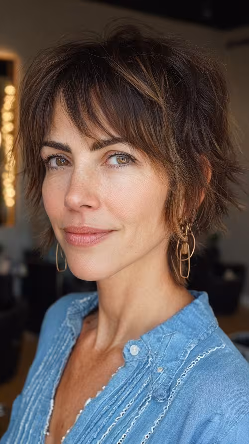 Pixie Wolf Cut Descolado Para Usar em 2026: Wolf Cut Castanho-Avelã Texturizado com Mechas Sutilmente Iluminadas